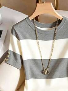 Resyla Women's Striped Colorblock Round Neck Short Sleeve Button Fashion T-Shirt - Grey - View 3