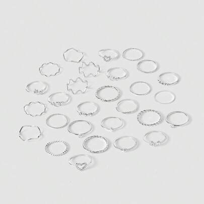 28Pcs Minimalist Rhinestone Heart & Wave Rings Set, Gold Geometric Knuckle Ring…