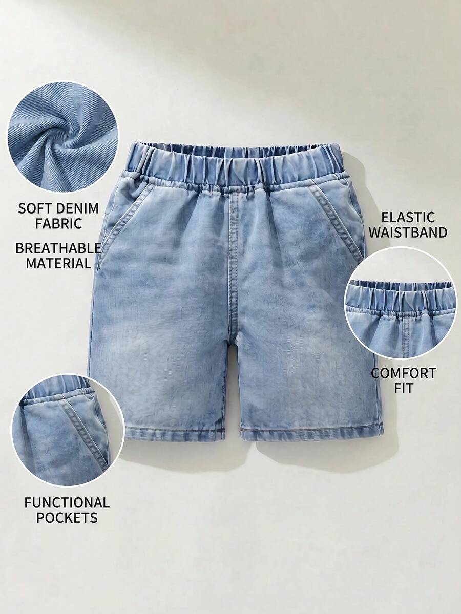 SHEIN Young Boy Elastic Waist Washed Denim Casual Shorts - Light Wash - View 1