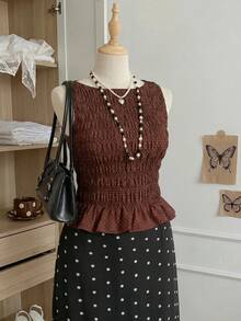 Comfortcana Áo hai dây tank top nữ size lớn phong cách Boho mùa hè, co giãn xếp ly - màu nâu - Xem 8