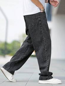 Manfinity Homme Loose Fit Men's Cotton Solid Color Slant Pocket Jeans - Dark Grey - View 4