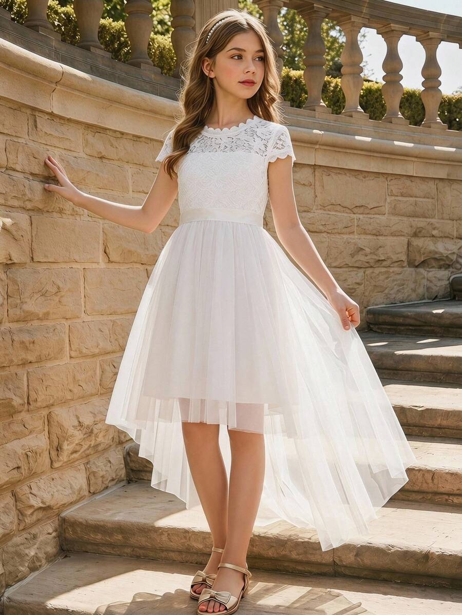Wedding Summer Girls' Lace Patchwork Satin Half Sleeve Midi Dress, Ball Gown Performance, Birthday Party, Banquet, Christmas White Elegant