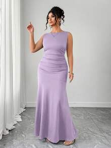 Elenzga Women's Elegant Dress, Sleeveless Round Neck A-Line Silhouette, Ruched Waist Design, Solid Color Knit Fabric - Purple - View 3