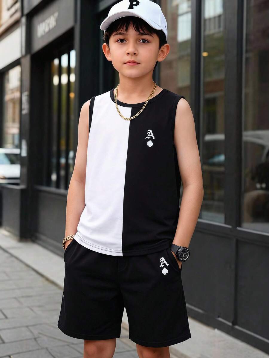 SHEIN 2 peças/Conjunto Infantil Pré-Adolescente Menino Casual Regata Solta com Patchwork e Blocos de Cores e Shorts, Adequado para Deslocamento, Escola, Passeios Casuais Diários, Esportes, Primavera e Verão