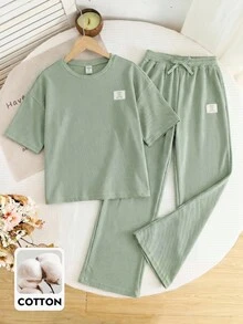 SHEIN 2pcs Tween Girls Solid Color Knit Crew Neck Casual T-Shirt And Leggings Set - Mint Green - View 4
