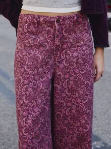 Nöista Printed Denim Wide-Leg Pants. For Everyday Look, Day-To-Night, Summer, Night Out Day Time Going Out, Back-To-School Floral Pink Vintage Streetstyle - Burgundy - View 5