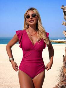 Swim Lushoire Traje de baño de una pieza para mujer con mangas con volantes, escote en V profundo, cuello superpuesto y fruncido - Rosa Fucsia - Ver 5