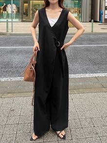 FRIFUL Women's Summer New Solid Color Layered Waist D-Ring Belt Loose Casual Versatile Jumpsuit - Black - View 6