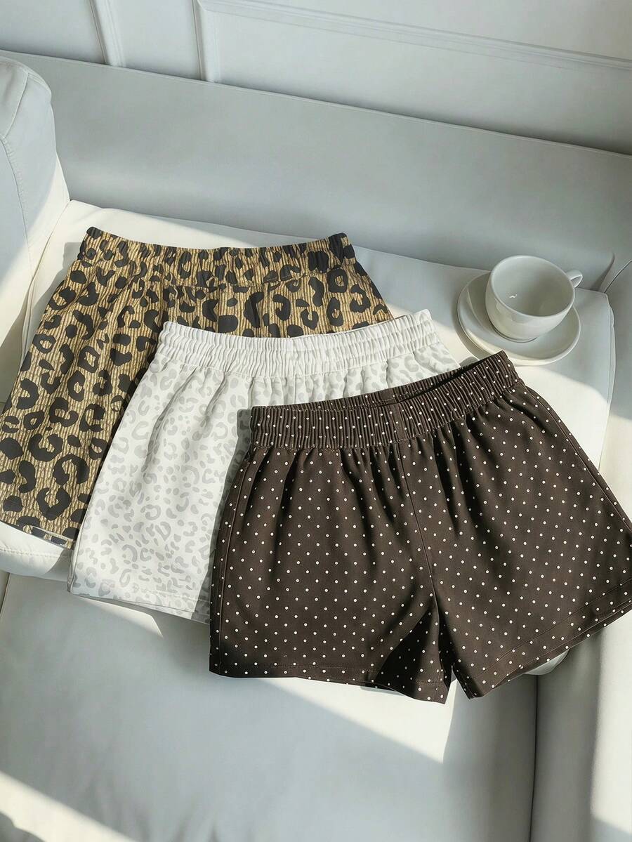 母女款美拉德色系復古波點+白色豹紋+棕色豹紋青少年女孩休閒街頭直筒短褲3件組,開學季Y2K美式復古甜美運動風,戶外野餐、出遊、街拍穿搭 - 彩色 - 查看 1