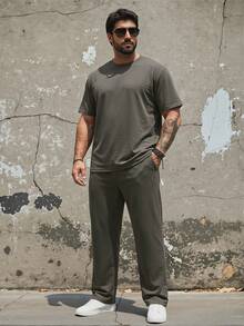 DAZY Summer Short Sleeve T-Shirt And Long Pants Set, Dark Grey, Plus Size For Men - Dark Grey - View 4