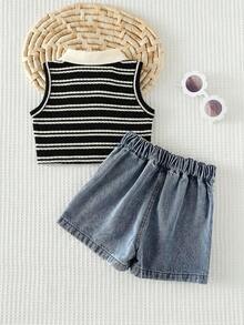 Cozy Pixies 女嬰幼兒女童條紋 Polo 無袖背心套頭上衣、不對稱開衩裙褲套裝、條紋短褲裙 2 件組、牛仔短褲裙套裝 - 黑色 - 查看 2