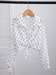 SHEIN 女童法式復古風白色波點長袖襯衫，翻領、前開扣、綁帶下擺、短版設計，夏季休閒薄款開襟衫 - 白色 - 查看 8