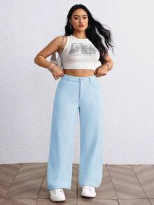 SHEIN EZwear 大尺碼女款無彈力淺藍色直筒牛仔褲 寬鬆顯瘦中腰休閒牛仔褲 女款牛仔褲 - 藍色 - 查看 3