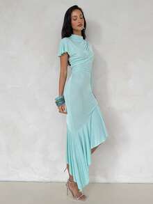 Aloruh Women's Sexy Romantic Elegant Draped Ruffle Trim Asymmetric Hem Bodycon Dress Party Mint Green Summer - Blue - View 7