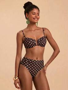 Travachic Conjunto de Maiô com Estampa de Poá para Mulheres, Adequado para Férias na Praia - Castanho - Visão 3