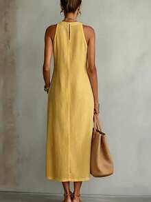 Louniche Women's Summer Solid White Lace Long Casual Vacation Dress - Yellow - View 2