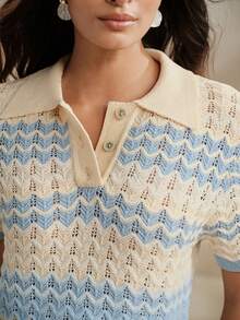 Anewsta 女款甜美條紋短袖針織上衣休閒POLO領撞色短袖夏季 - 藍白色 - 查看 2