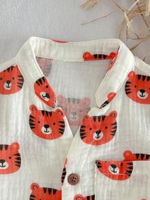 Loomiva Baby Boy Contrast Color Little Tiger Cartoon Pattern Round Neck Short Sleeve Button-Up Top And Elastic Waist Shorts 2-Piece Set - Apricot - View 9