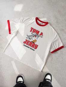 TOM & JERRY X SHEIN Men's Round Neck Letter Cartoon Print Casual Versatile Daily Outing Short Sleeve T-Shirt - White - View 3