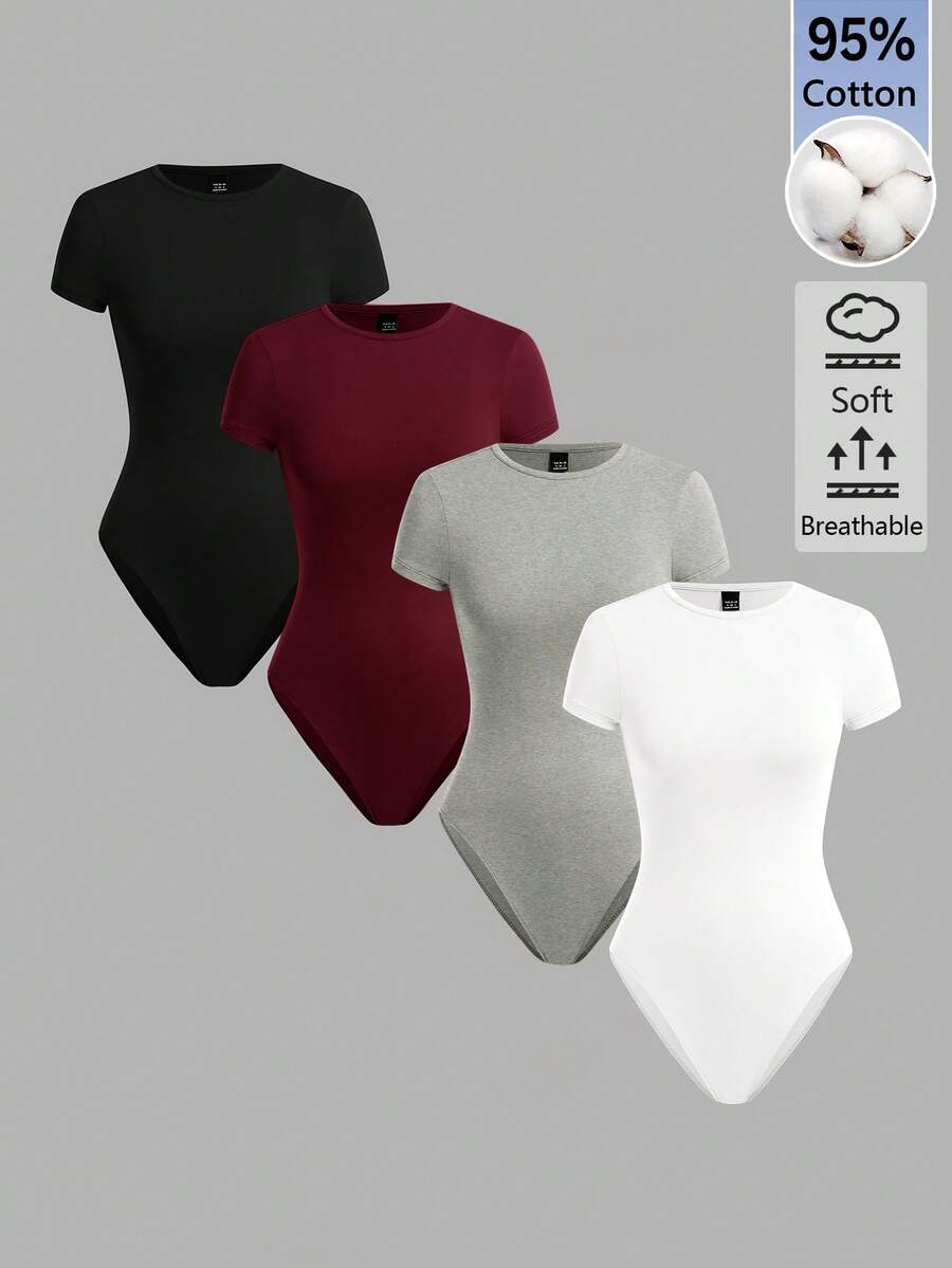 SHEIN BASICS 4件套女士休闲纯色短袖修身连体衣,夏季日常通勤百搭 - 彩色 - 查看 1
