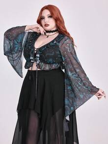 ROMWE Goth Top de malla con estampado floral de piel de serpiente gótico vintage azul con volantes y cintura con lazo para mujeres de talla grande - Azul - Ver 4