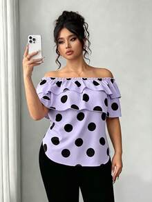 Elenzga Blusa de mujer talla grande con estampado de lunares clásico, doble capa de volantes y hombros descubiertos - Morado - Ver 6