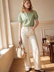 Écloséra Women's Spring/Summer Retro Fashion Green Checkered Round Neck Lace Decorated Short Sleeve Casual Shirt, Country Style Suit, Commuter Wear, Green Top - Green - View 2