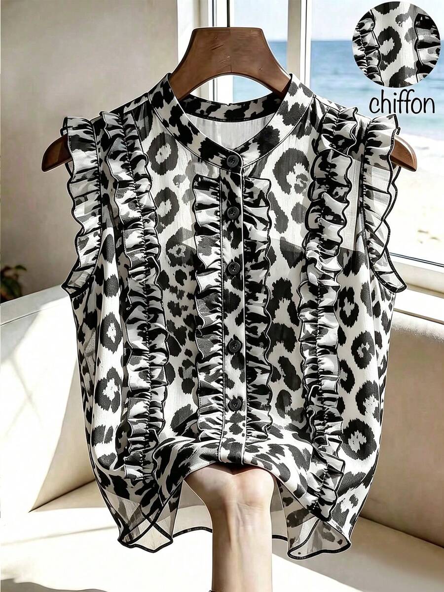 SHEIN Franclia 女款全身印花荷葉邊飾休閒百搭日常出遊襯衫 - 黑與白 - 查看 1
