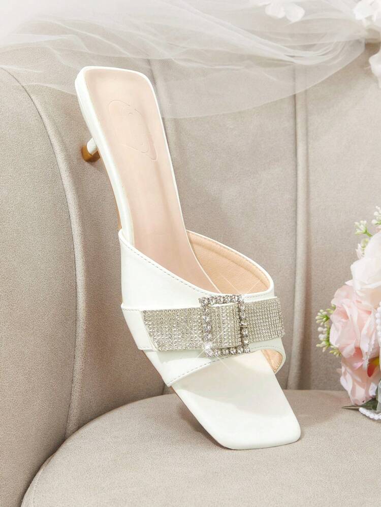 CUCCOO HITCHD Ladies Shoes Rhinestone Square Head Kitten And Commuter Fashion White PU Leather Ladies High Heel Sandals Dating Afternoon Tea