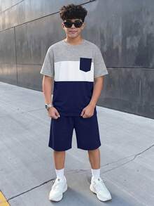 Teen Boy Casual Simple Short Sleeve Crew Neck T-Shirt And Shorts Set Suitable For Summer Graduation Dress Vacation Squishy Matching Set Two Piece Set - Multicolor - View 4