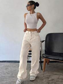 DAZY Casual Versatile Solid Color Straight Leg Denim Jeans - White - View 5