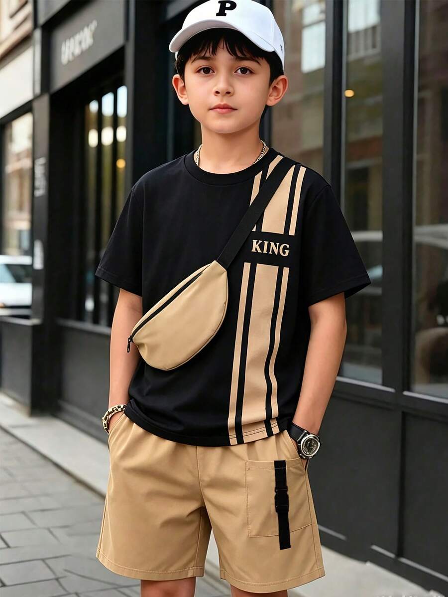 2pcs Boys Print T-Shirt & Pocket Cargo Shorts & Small Crossbody Bag Spring/Summer 3-Piece Set Suitable For Summer Outdoor Outings - Khaki - View 1