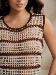 Anewsta Hollow Out Eyelet Contrast Color Knit Vest - Multicolor - View 5