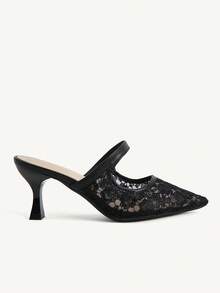 CUCCOO CHICEST Black Lace Pointed Mullers, Hollow Mesh Kitten And Slippers, Workplace Dating Party Slim High Heels - Black - View 7