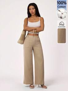 SHEIN PETITE 100% Washed Cotton Low Waist Straight Pants ,Petite Women - Khaki - View 3