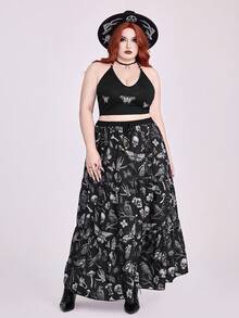 ROMWE Fairycore Outdoor Vacay Summer Outfits Plus Size Women 2 Pieces Set With Dark Gothic Raven, Dead Tree, Skull, Butterfly, Moth, Mushroom All-Over Print - Black - View 8
