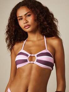 MISSGUIDED Striped Halter Bikini Top With Ring Detail Cut-Out Front And Tie Back Summer Beach Swimwear - Pink - View 5