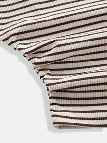 SHEIN Girlism Kids Teen Girls T-Shirts Spring/Summer Striped Knit Crew Neck Fitted Waist Short-Sleeved T-Shirt, Perfect For Graduation And Back-To-School Season - Coffee Brown - View 4