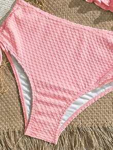 Swim Vcay Women's Solid Color Textured Fabric Sweet Ruffle Drawstring Ruched High Waist Tank Bikini Top - Pink - View 6