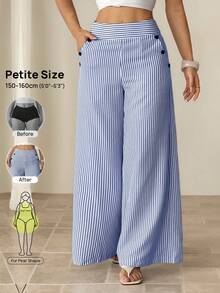 SHEIN PETITE Women's Casual Sexy Blue And White Stripe Button Decor Wide Leg Pants,Petite Women Beach Autumn - Blue and White - View 1