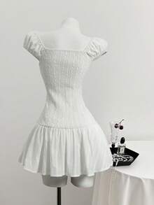 Flirla Sweet Spicy Solid Color Lace Trim V-Neck Bow Tie Fitted 100 Cotton Summer Mini Dress For Women Vacation All White Cottage Core - White - View 2