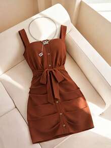 Franclia Damen Sommer einfarbiges ärmelloses Kleid, Minikleid mit Taillengürtel und Knopfleiste, geeignet für Urlaub, Pendeln und Dates - Braun - Übersicht 1