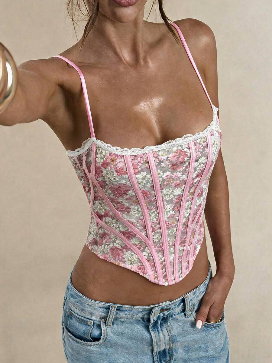 SHEIN BAE 女款蕾絲飾邊花卉印花修身百搭日常外出細肩帶上衣 - 彩色 - 查看 1