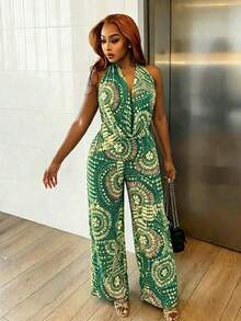 BamGleam Summer Sexy All-Over Print Halter Neck Backless Top And Long Pants 2pcs Set - Green - View 6