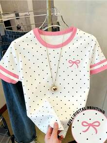 少女T恤，復古美式校園經典Logo短袖套頭衫，適合夏季穿著，美式大學風度假穿搭，白色休閒日常風，粉色條紋波點時尚風，舒適百搭適合日常穿著，馬術風粉色修身短版款，四季皆宜春、夏、秋、冬；粉色滾邊T恤可愛少女上衣俏皮夏季T恤 - 彩色 - 查看 1