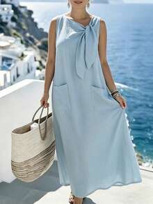 Linhara CURVE Modisches lässiges lockeres hellblaues Kleid mit Bindeband am Ausschnitt, ärmellos, große Größen - Babyblau - Übersicht 7