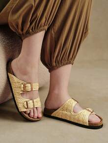 Solecia Sandal Wanita Musim Panas Anyaman Berwarna Kuning yang Bernapas, Dua Sisi dengan Sol Datar yang Dapat Diatur dan Sol Lembut, Sandal Luar Serbaguna - Anyaman rumput kuning - View 2
