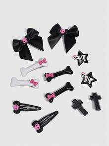 ROMWE Anime 12PCS Sweet & Cool Hair Clips Set, Bow & Bone Hair Pins, Black & Pink Cross Skull Bangs Clips For Halloween Styling - Color 1 - View 4