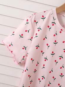 Girls' 2pcs Cute Ditsy Floral Short Sleeve Round Neck Casual Loungewear Set - Pink - View 4