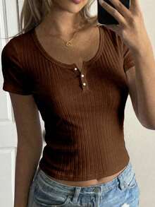 Teen Girl Teen Girl Summer New Snug Fit Versatile Brown Ribbed Knit Round Neck Button Short Sleeve Top - Brown - View 3